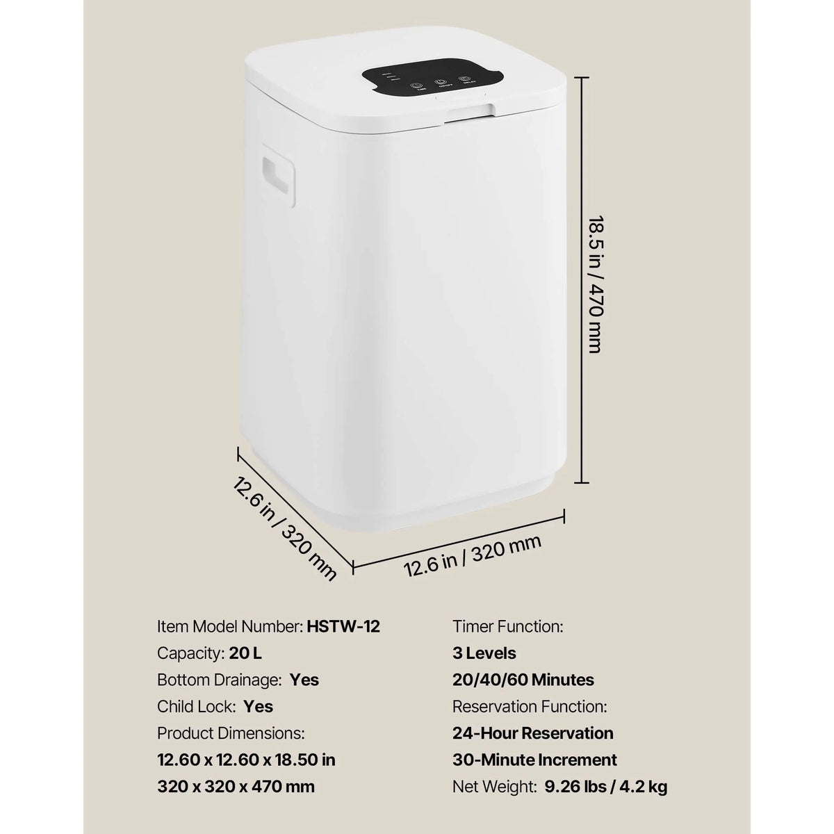 White towel warmer bucket with black top control panel; compact bathroom heater, measures 12.6 x 12.6 x 18.5 in.