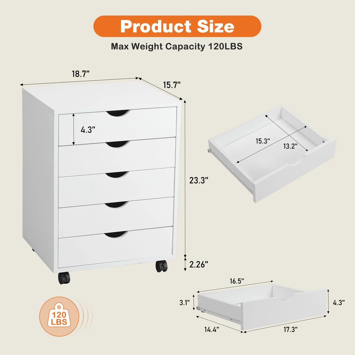 JHK wood nightstand with 5 drawers and drawer tray, white waterproof top, on wheels, by S And B Enterprise