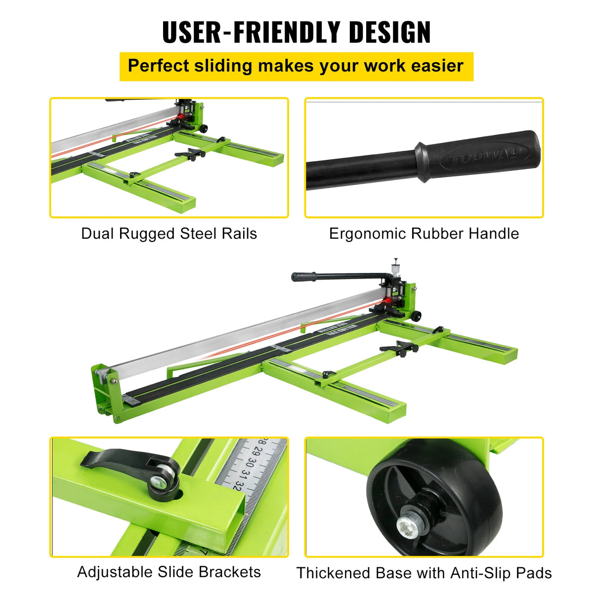 SucceBuy manual tile cutter with infrared laser positioning for porcelain; green steel rails and ergonomic rubber handle