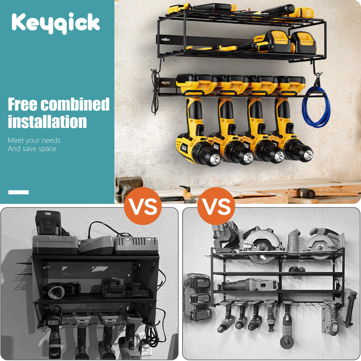 Keyquick metal power tool storage rack, double-layer wall-mounted with non-slip anti-drop design for cordless drills