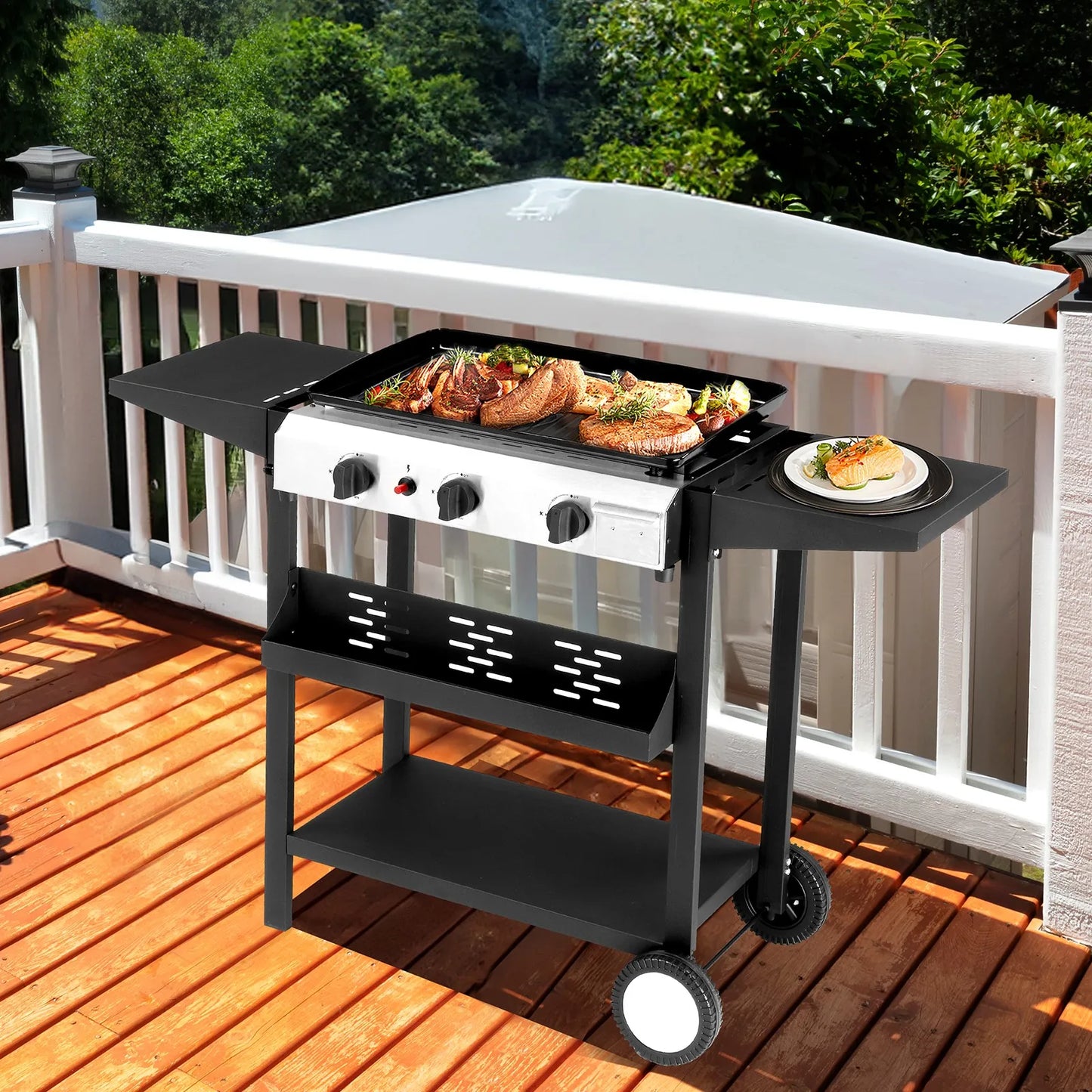 34" Outdoor Griddle Station with Side Shelf, 3 Burner Flat Top Gas Grill Propane by S And B Enterprise