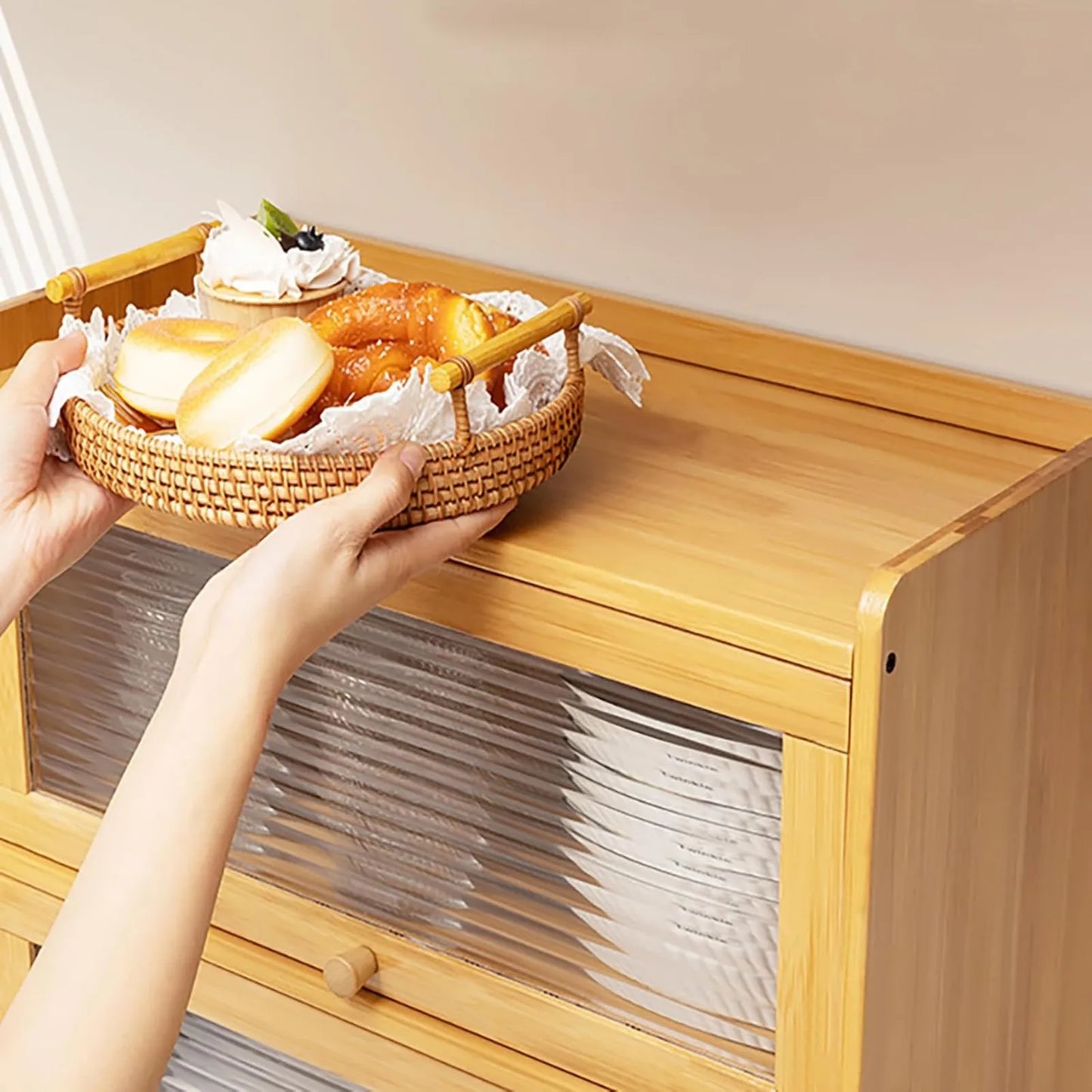 2-Tier Bamboo Kitchen Storage Cabinet With Clear Acrylic Sliding Doors