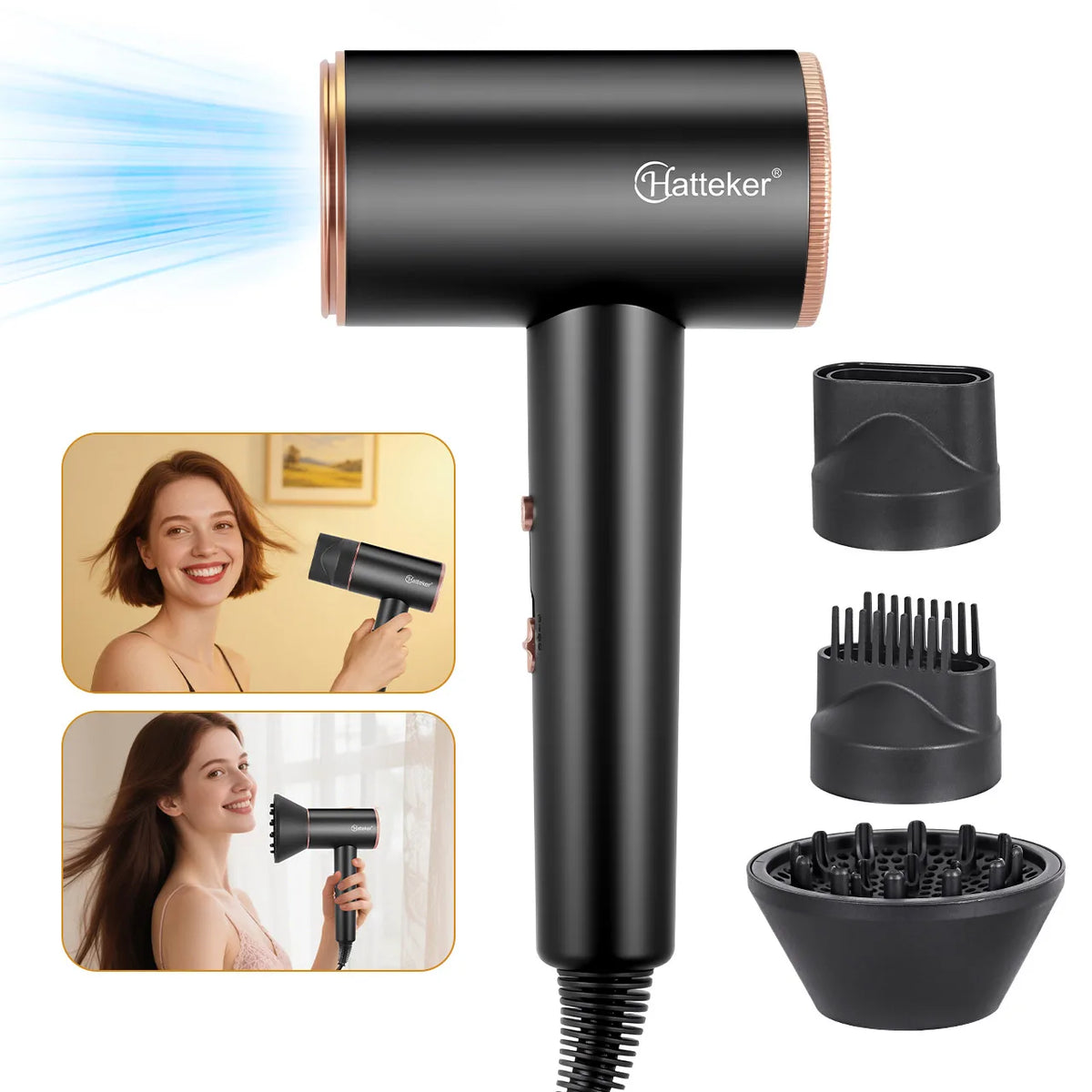 Hatteker hair dryer with diffuser, concentrator nozzle, and brush attachments in black with rose-gold accents