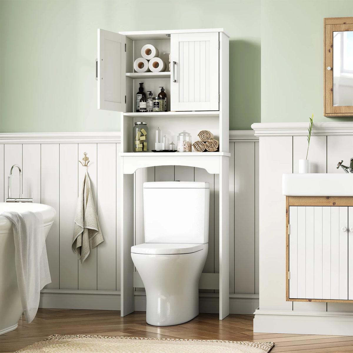 Over-the-toilet storage cabinet by S And B Enterprise, white tall bathroom organizer with double doors