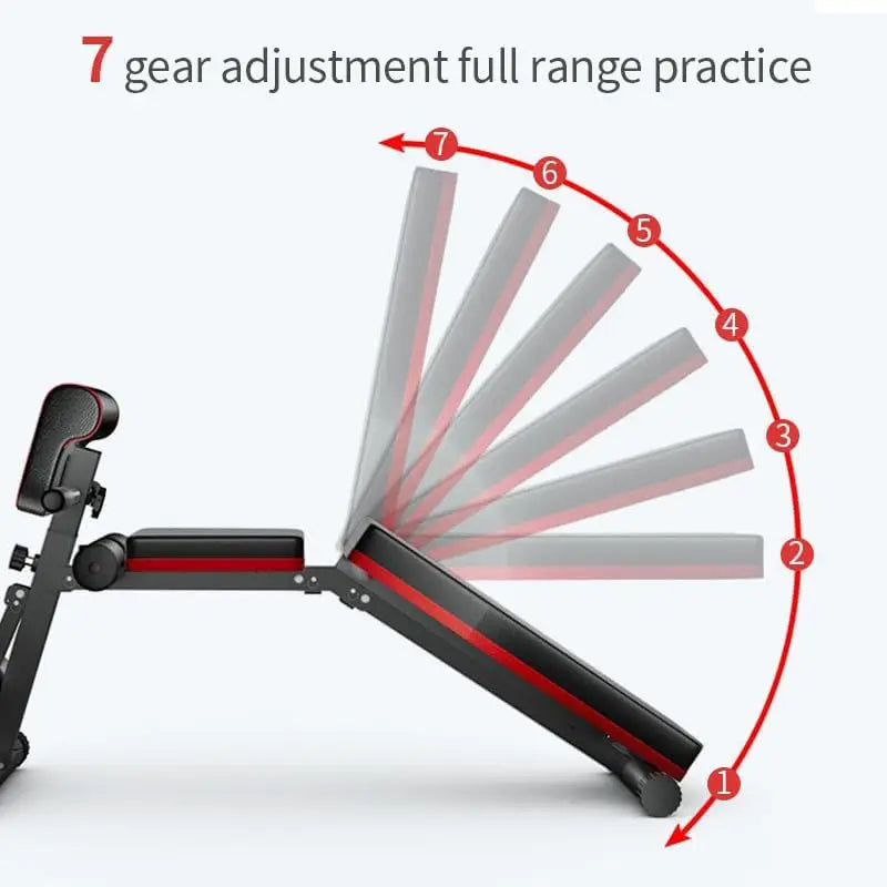 13-in-1 multifunctional dumbbell bench press sit-up chair, adjustable incline, black with red accents