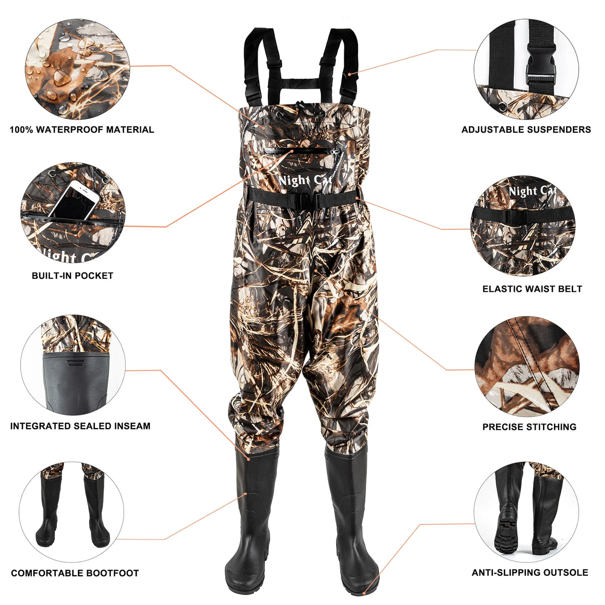 Men's camouflage waterproof chest waders with boots, nylon and PVC by S And B Enterprise