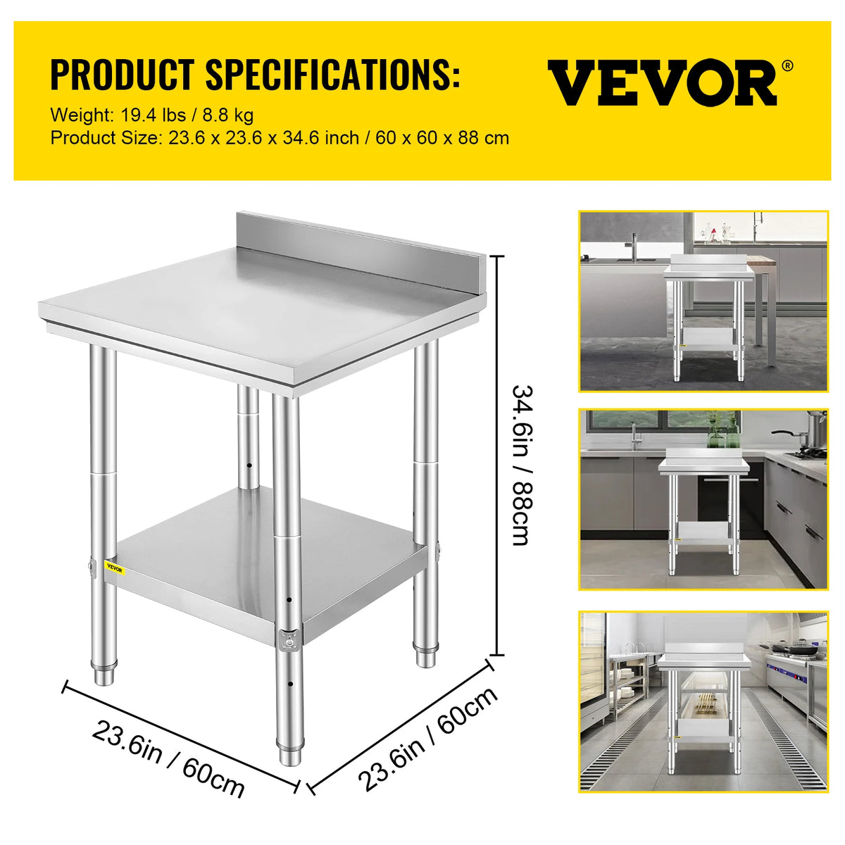VEVOR stainless steel kitchen work bench with undershelf, 60x60x88 cm, commercial catering table.