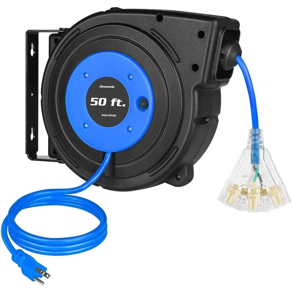 Retractable cord reel, 50 ft blue with 3 outlets and 13A breaker by S And B Enterprise