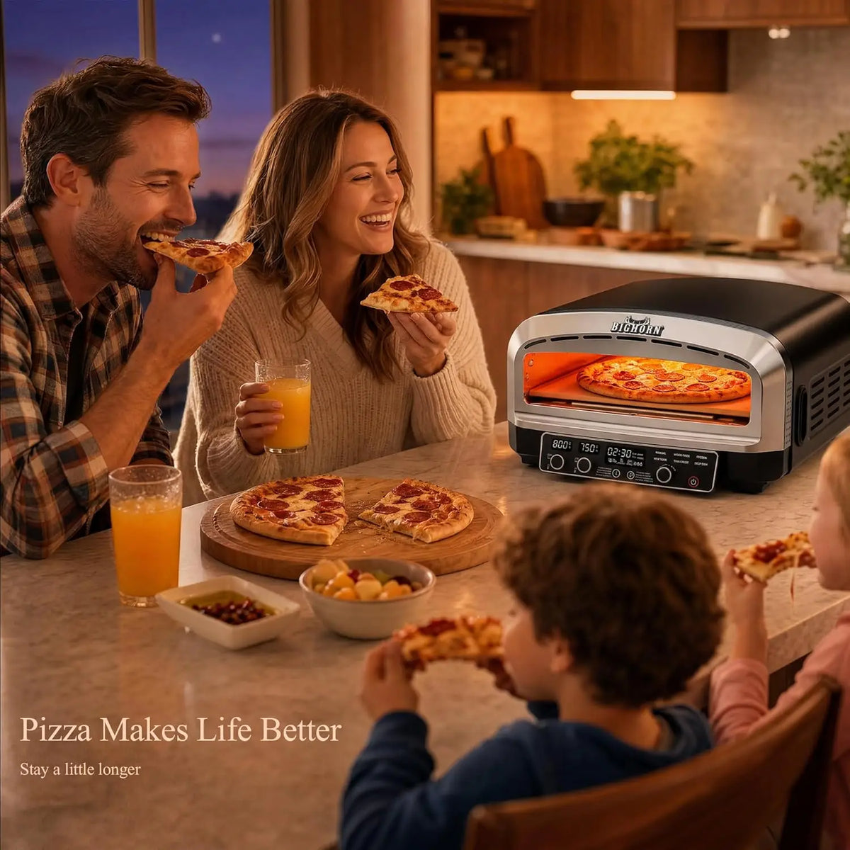 BigHorn electric countertop pizza oven with 14-inch interior, includes pizza stone, bakes restaurant-quality pizzas.