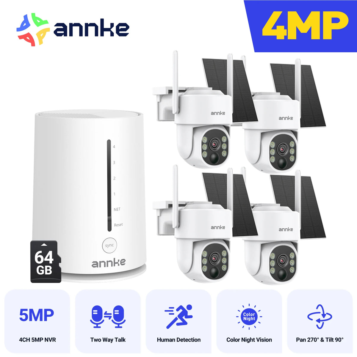 ANNKE 4MP Battery WiFi Security Camera System with 4 white cameras and base station