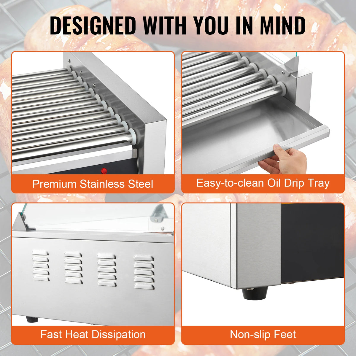 Commercial hot dog roller by S And B Enterprise; premium stainless steel rollers, oil drip tray