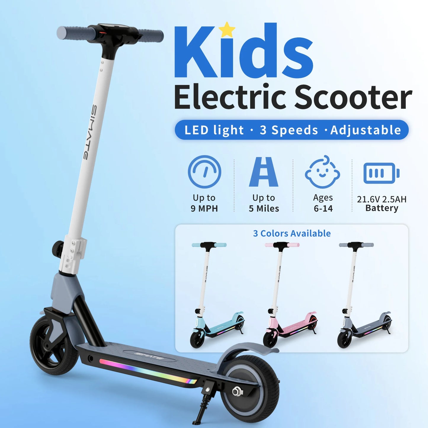 SIMATE kids electric scooter with foldable aluminum frame, LED display, and colorful lights; ages 6–14, 3 colors shown.