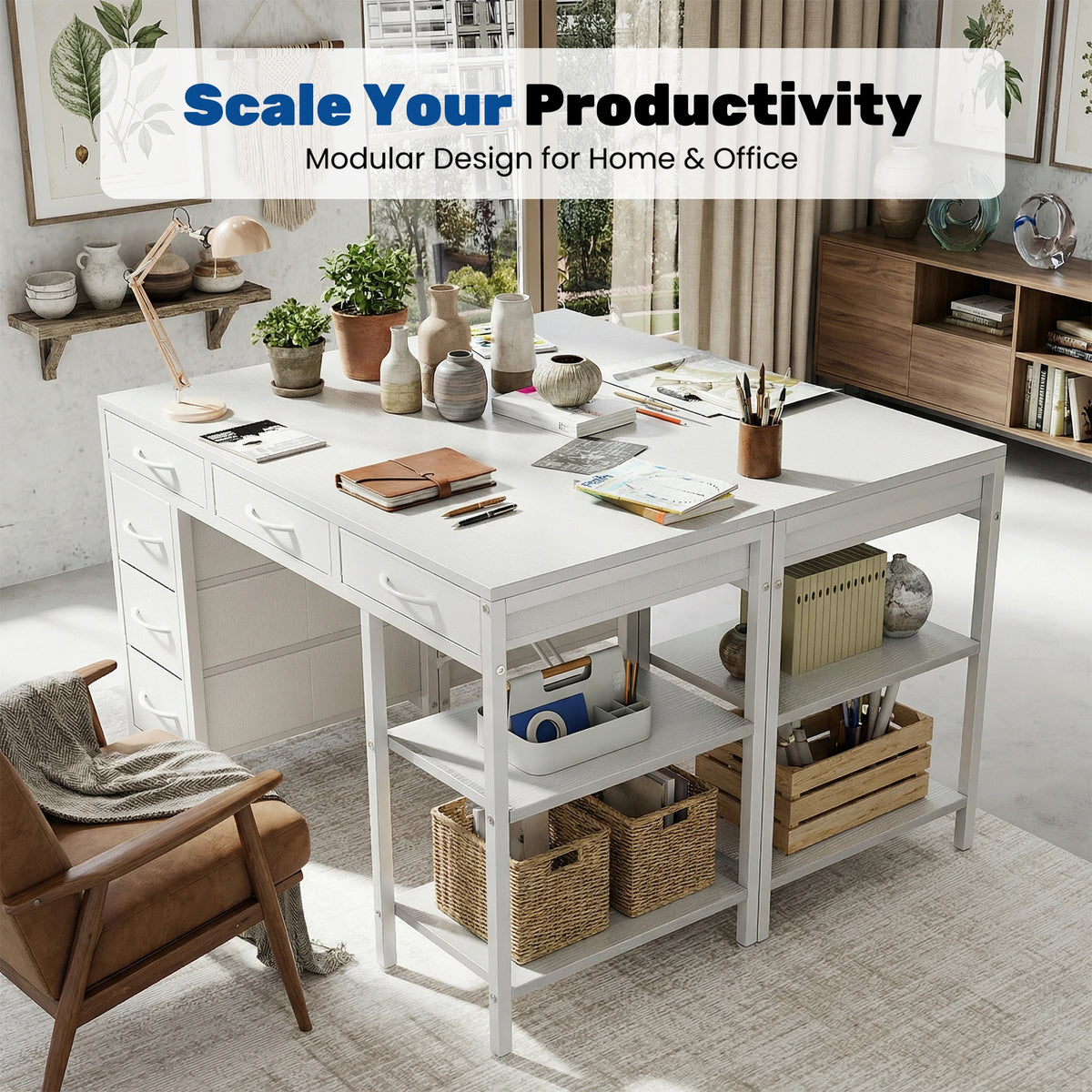 MCQ 47 Inch white office desk with 6 drawers and storage shelves, metal frame.