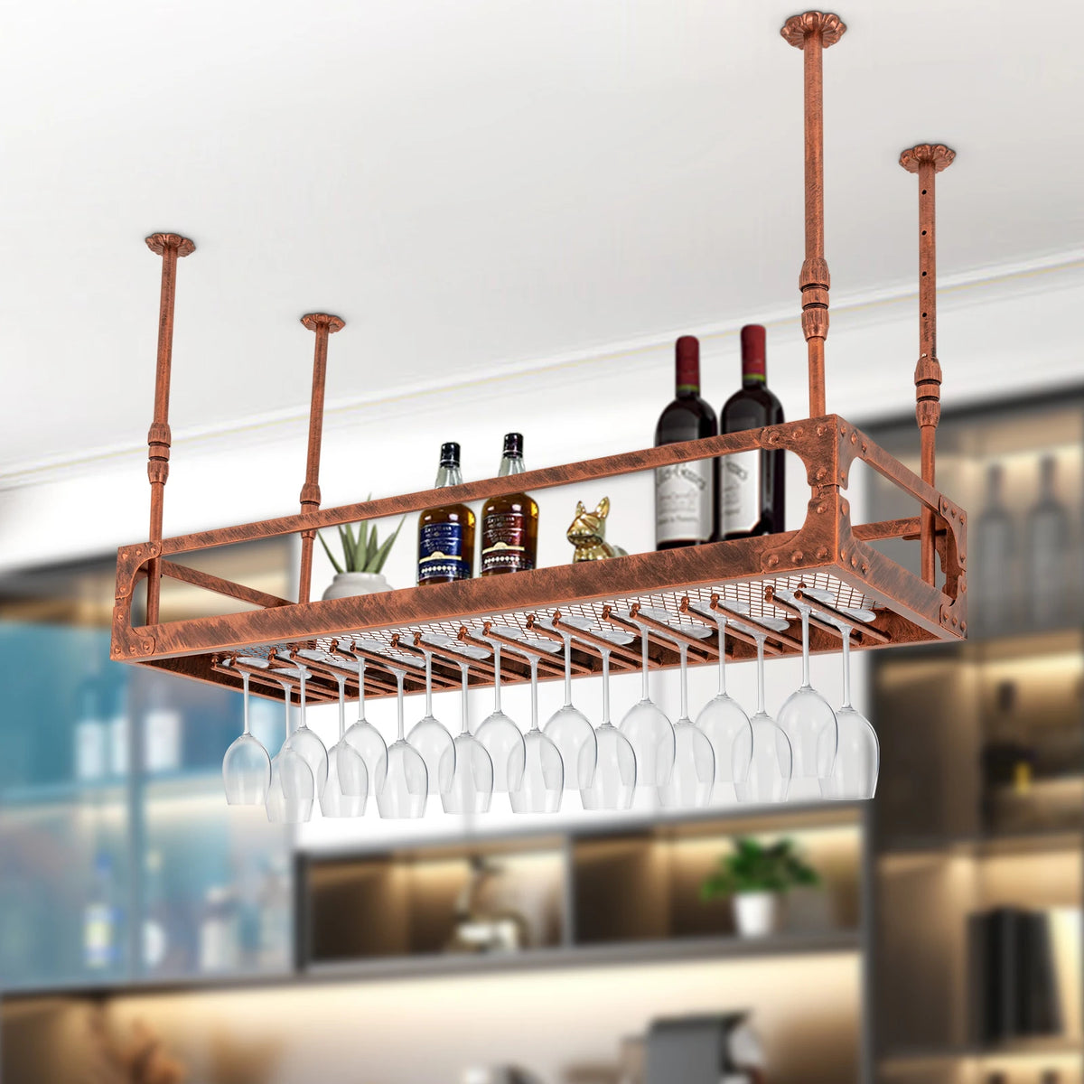 Copper vintage ceiling-mounted wine rack with bottle shelf and hanging stemware, 100cm