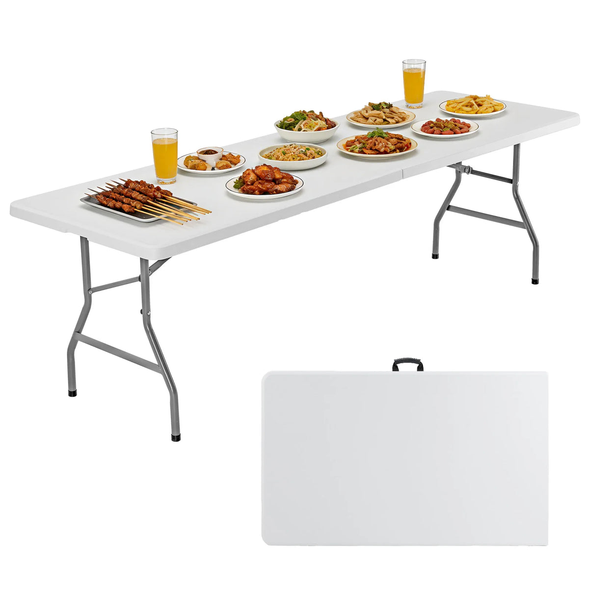 MCQ 6 ft to 8 ft folding picnic table by S And B Enterprise, white top with gray metal legs and carrying handle