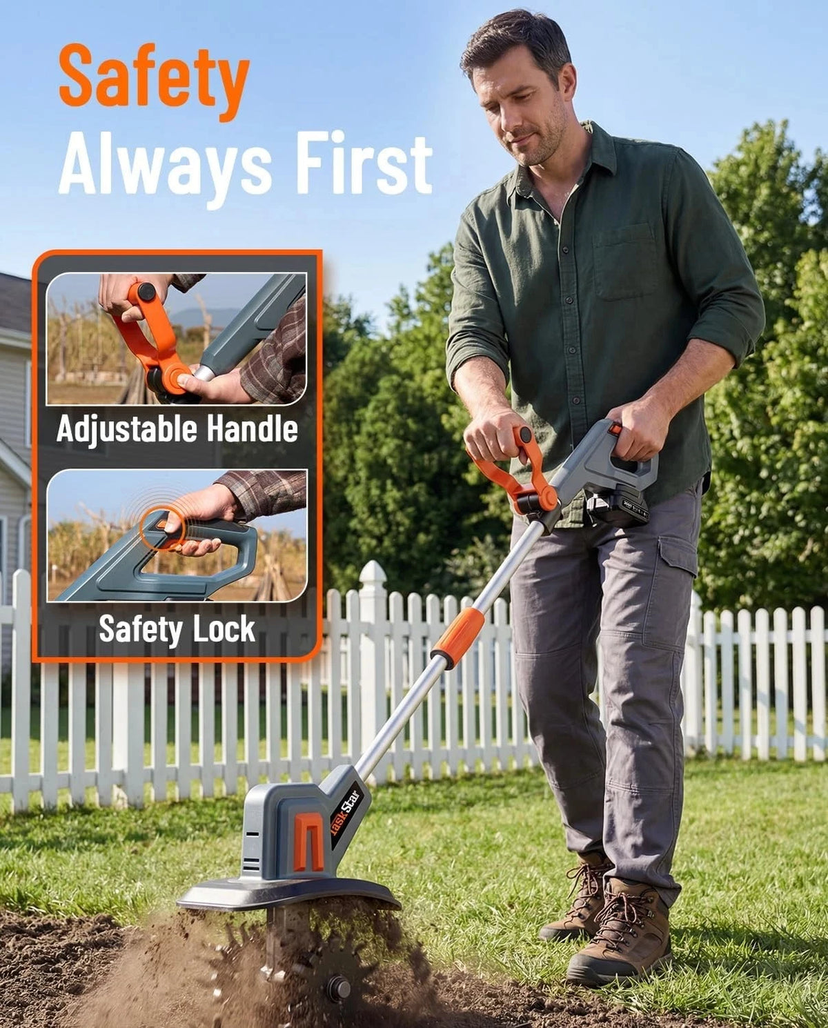 TaskStar cordless electric tiller cultivator with adjustable orange/gray handle and safety lock; Makita 18V compatible.