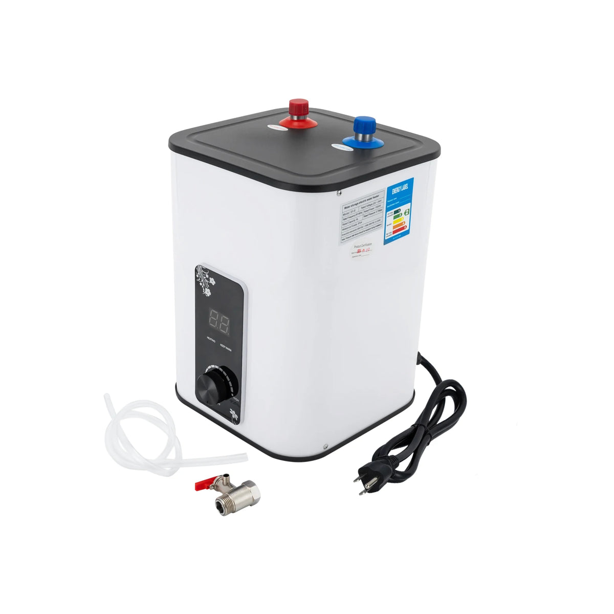 8L under-sink water heater by S And B Enterprise; white cylindrical unit with black lid and red/blue top knobs