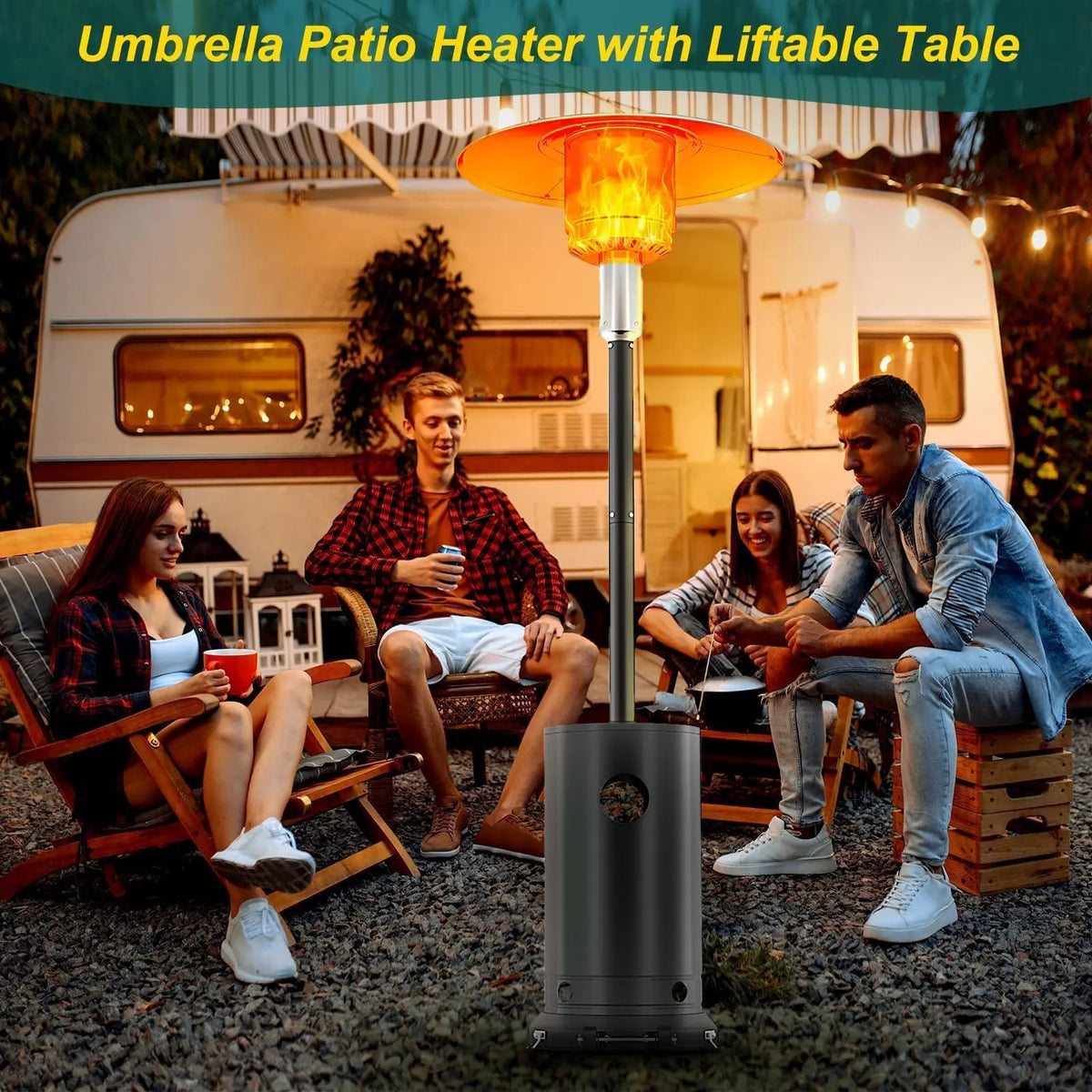 Propane patio heater by S And B Enterprise, 48,000 BTU wind-resistant with removable wheels and round cover, outdoor gathering