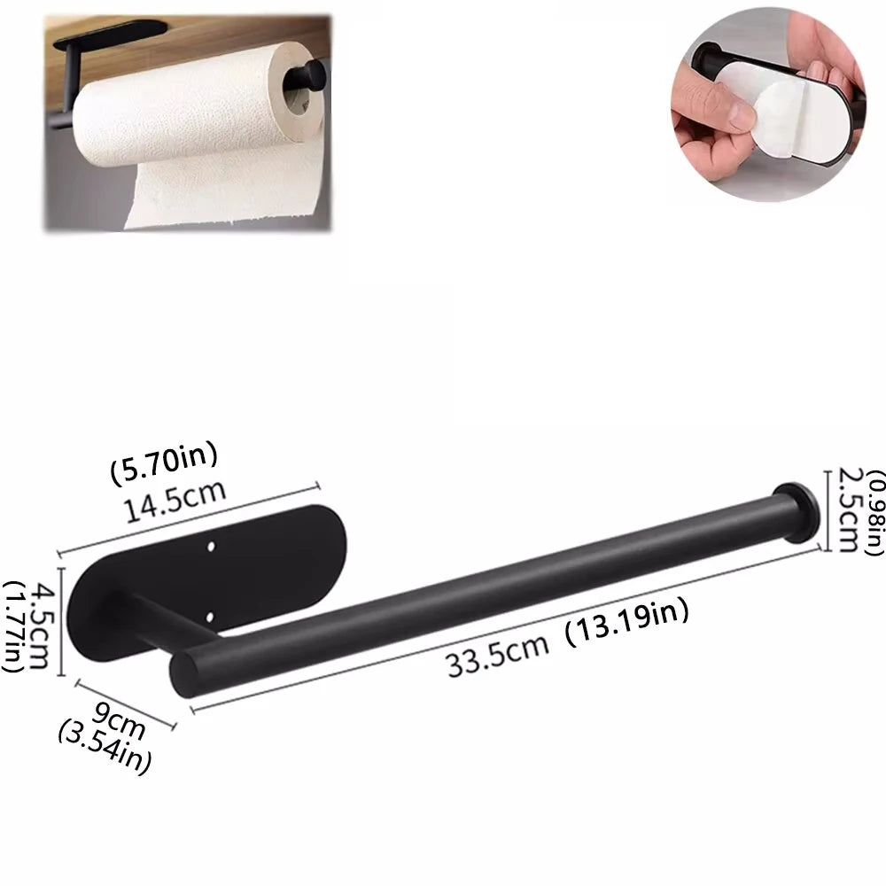 Black metal wall-mounted paper towel holder with adhesive mount, 33.5 cm long
