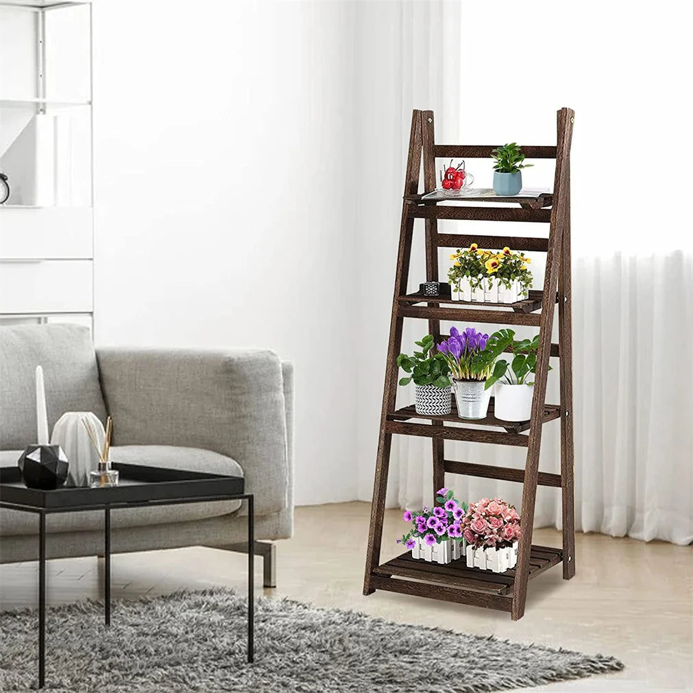 Folding wooden ladder shelf, 4-tier, dark brown finish for indoor plant display.