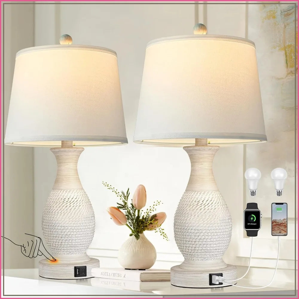 Set of 2 touch table lamps with USB charging, dimmable, white fabric shades, LED bulbs included