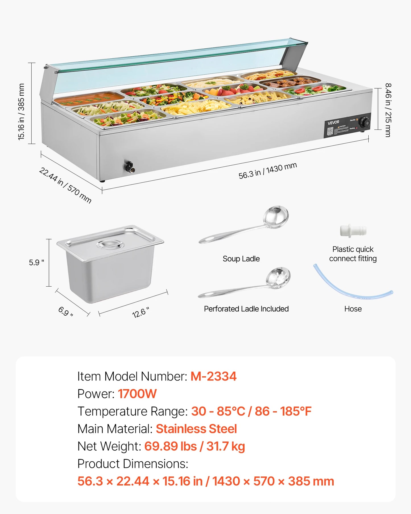 SucceBuy Commercial Food Warmer Electric Stainless Steel With Glass Cover