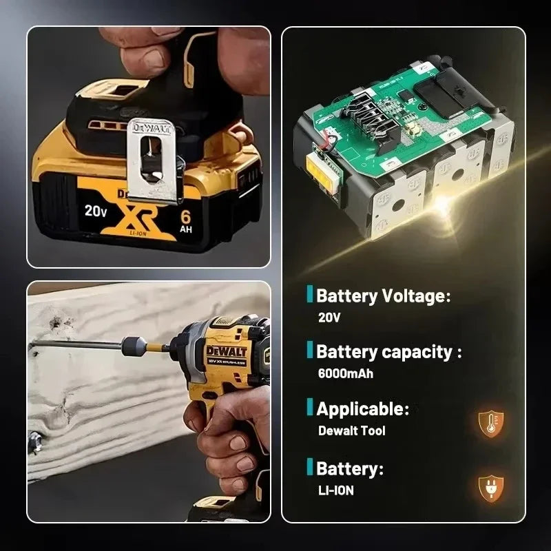 Dewalt 20V 6Ah Li-ion battery replacement pack with PCB module; yellow tool battery and drill shown.