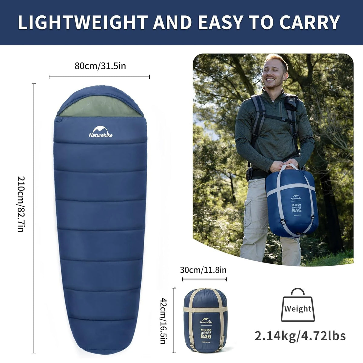 Naturehike blue mummy sleeping bag MJ300/MJ600 with carry bag; two-item set, cotton insulated, 210 cm long, 80 cm wide.