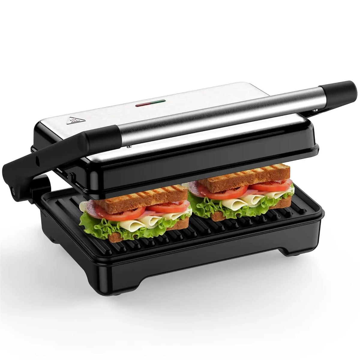 Panini grill press with stainless steel lid and black base, opens flat to grill two sandwiches.