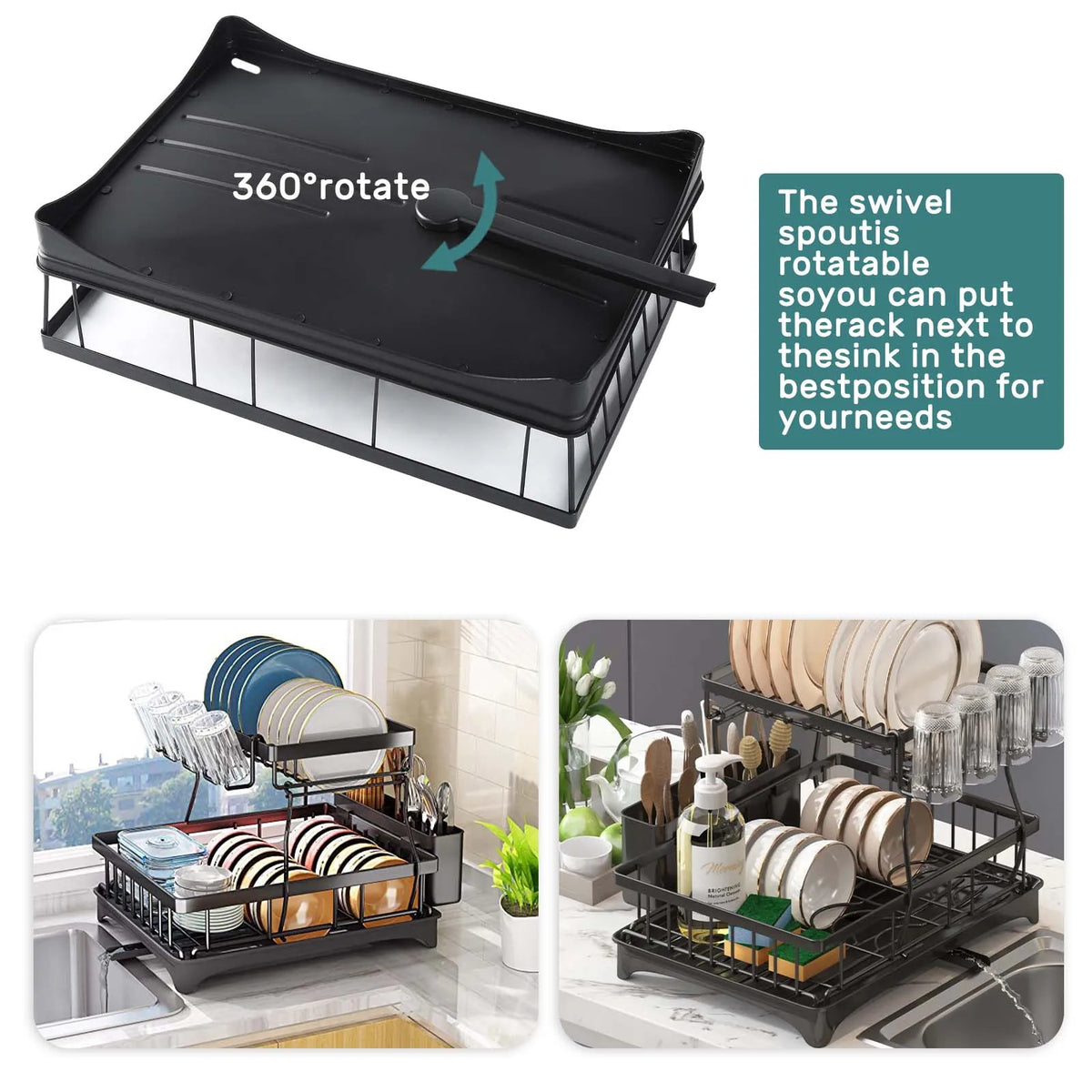 Dish drying rack by S And B Enterprise, large-capacity 2-tier black countertop unit, removable.
