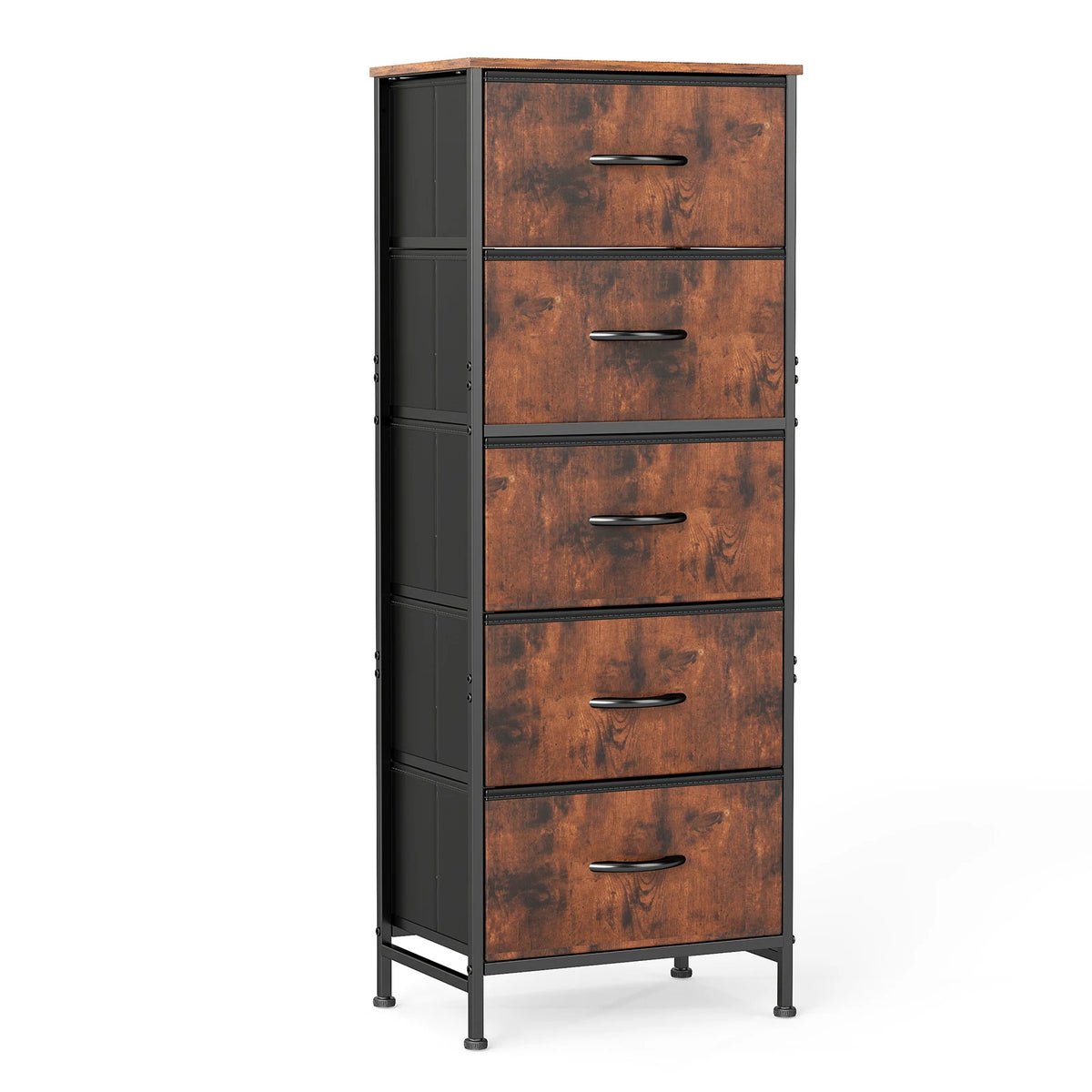 JHK 5-Drawer Modern Nightstand with steel frame, brown wood veneer fronts