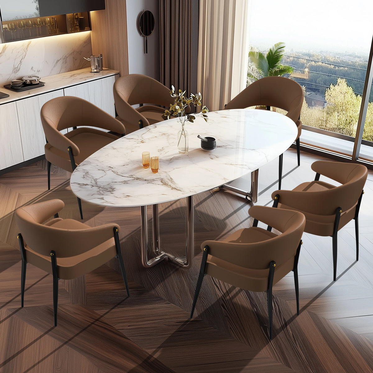 Set of 2 tan microfiber leather dining chairs with black metal legs around a white marble oval table