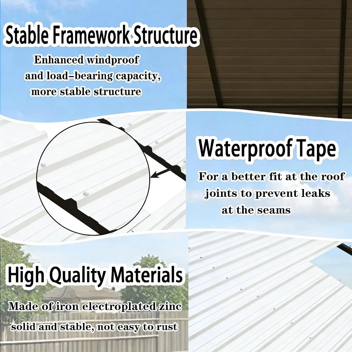 10x15 ft heavy-duty white metal carport; customized design with windproof frame and zinc-coated iron panels