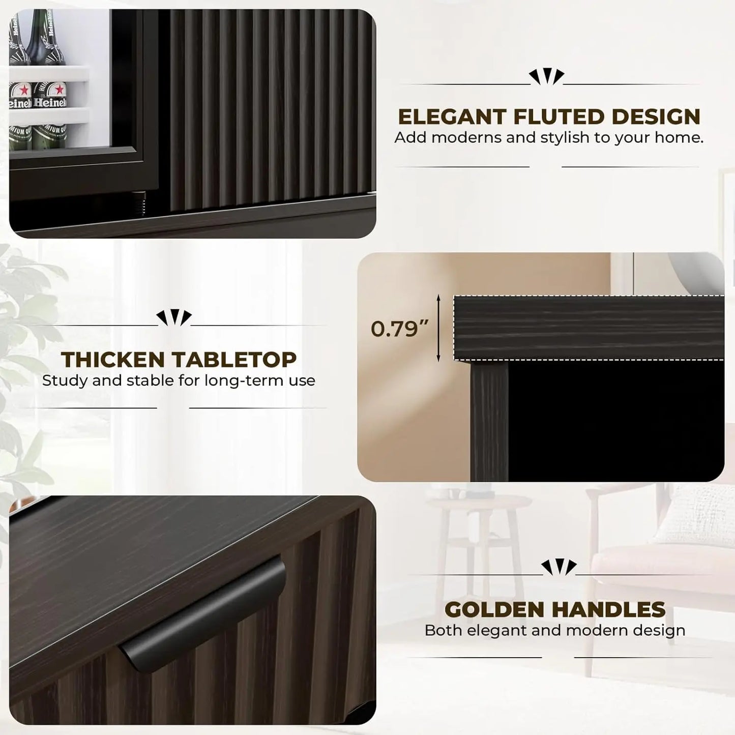 Mini Fridge Cabinet With Refrigerator, Fluted Coffee Bar