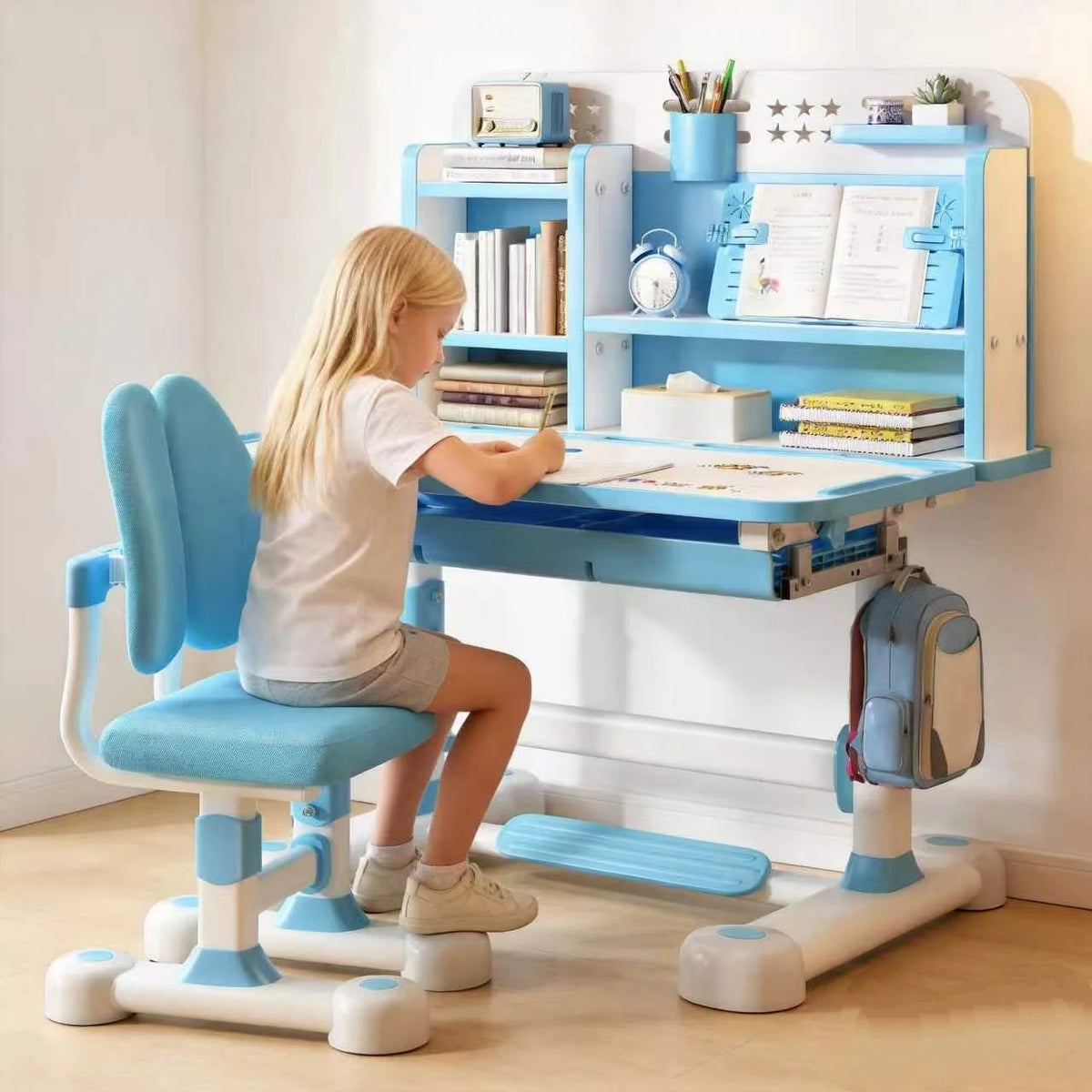 2-piece blue kids study desk chair set with height-adjustable desk, book stand and sitting corrector