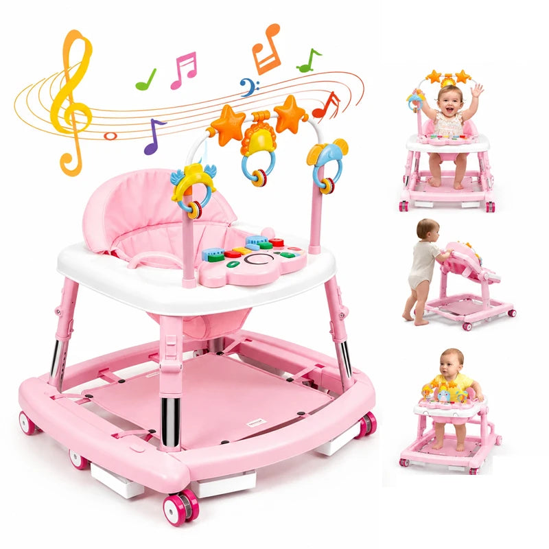 5-in-1 pink baby walker with anti-rollover design, foldable frame, musical toy bar, and adjustable height