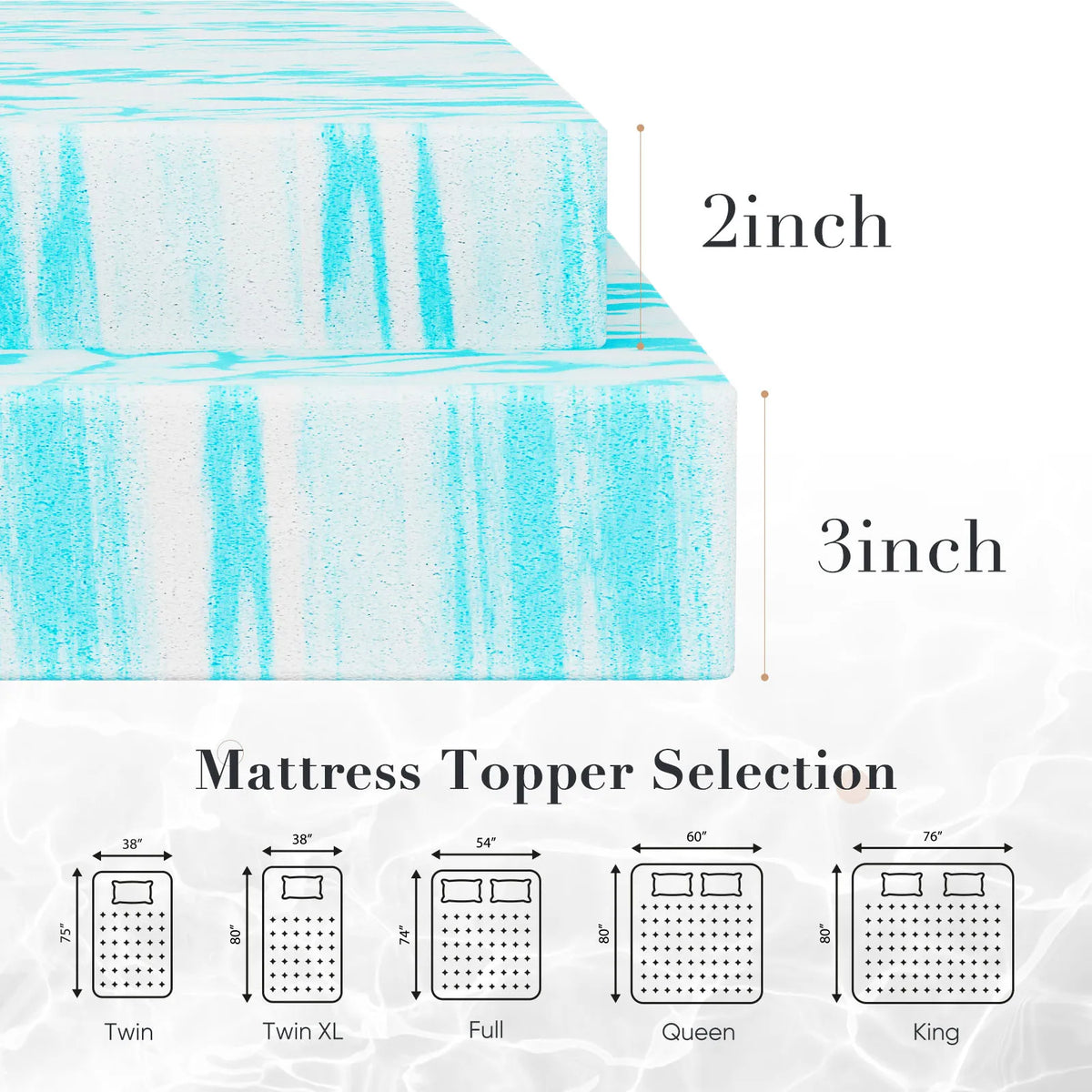 JHK gel memory foam mattress topper, blue and white pattern, 2–3 inch full-size cooling, soft and breathable.