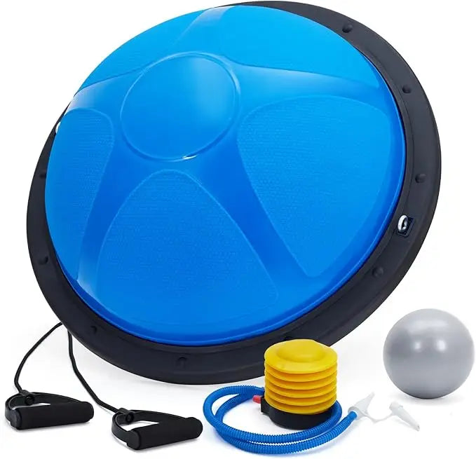 Blue 60cm half exercise ball trainer with non-slip base; includes pump and 2 resistance bands from S And B Enterprise