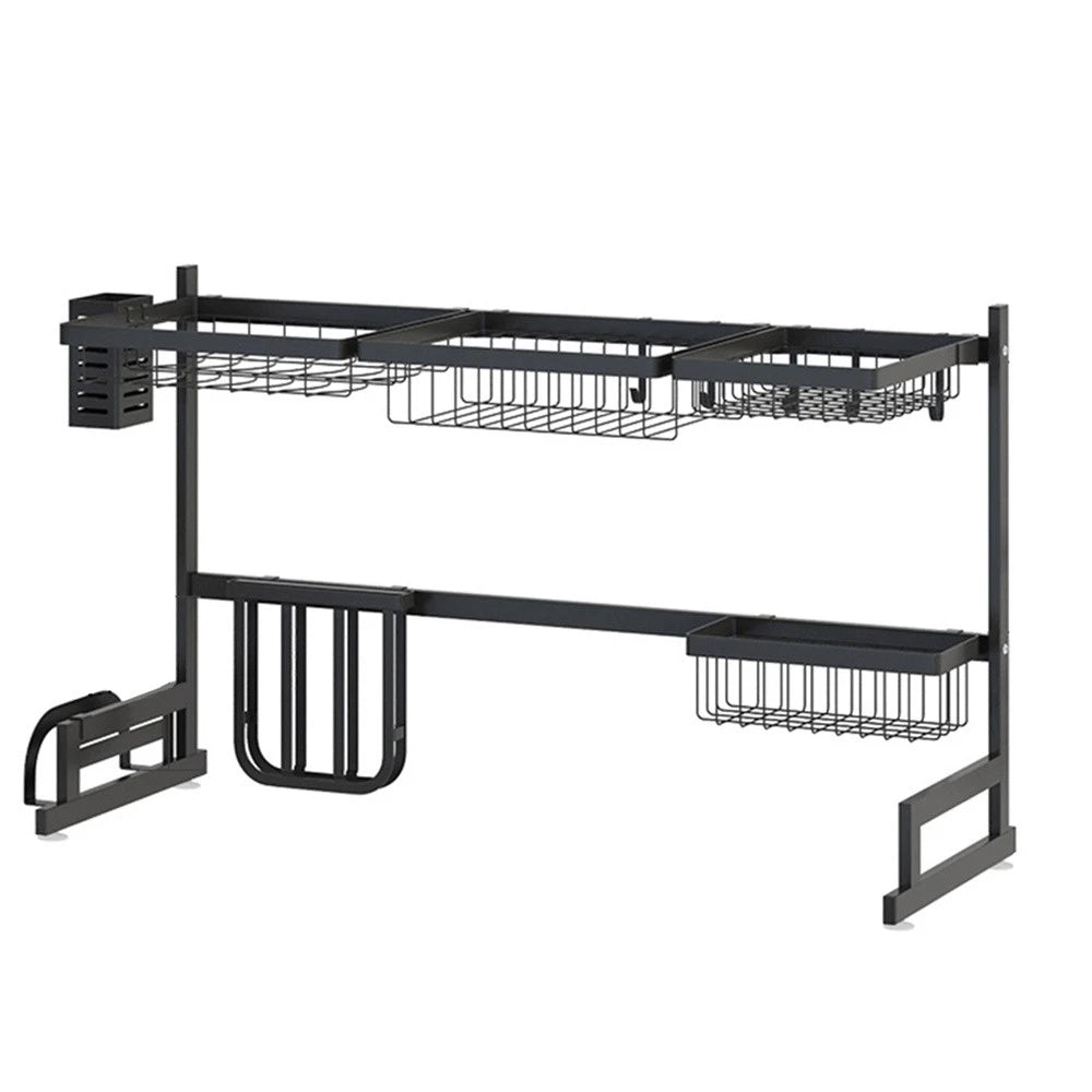 Over-the-sink dish drying rack in black stainless steel by S And B Enterprise with utensil and knife holder and hooks