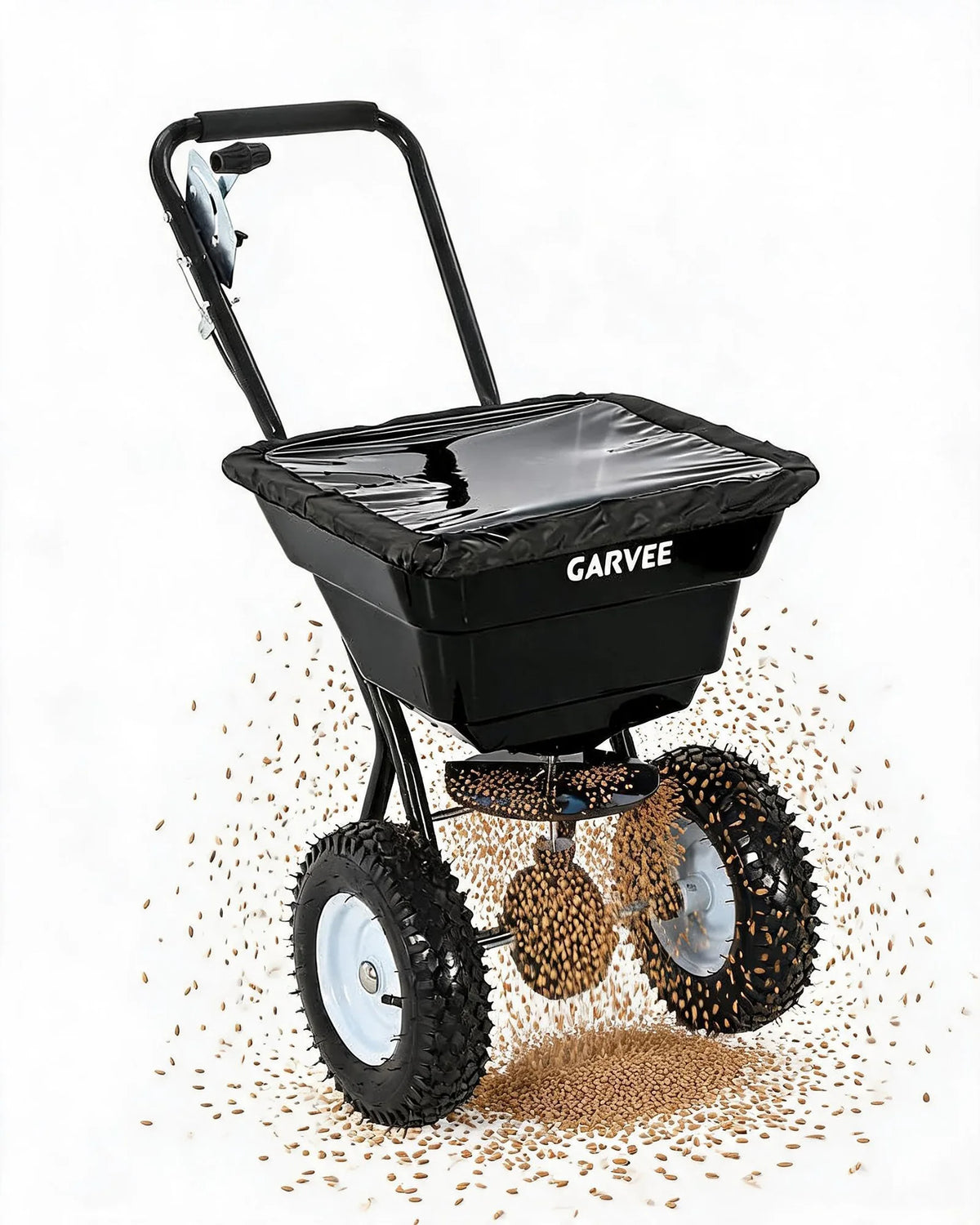 HiMiss heavy-duty walk-behind broadcast lawn fertilizer spreader with GARVEE hopper