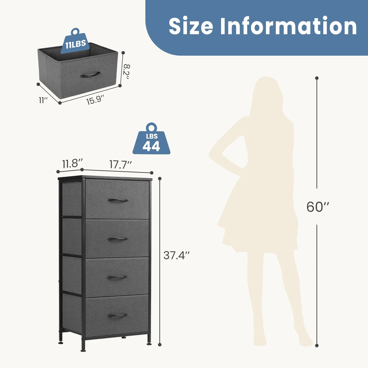 JHK dresser with steel frame and four gray fabric drawers for bedroom storage.