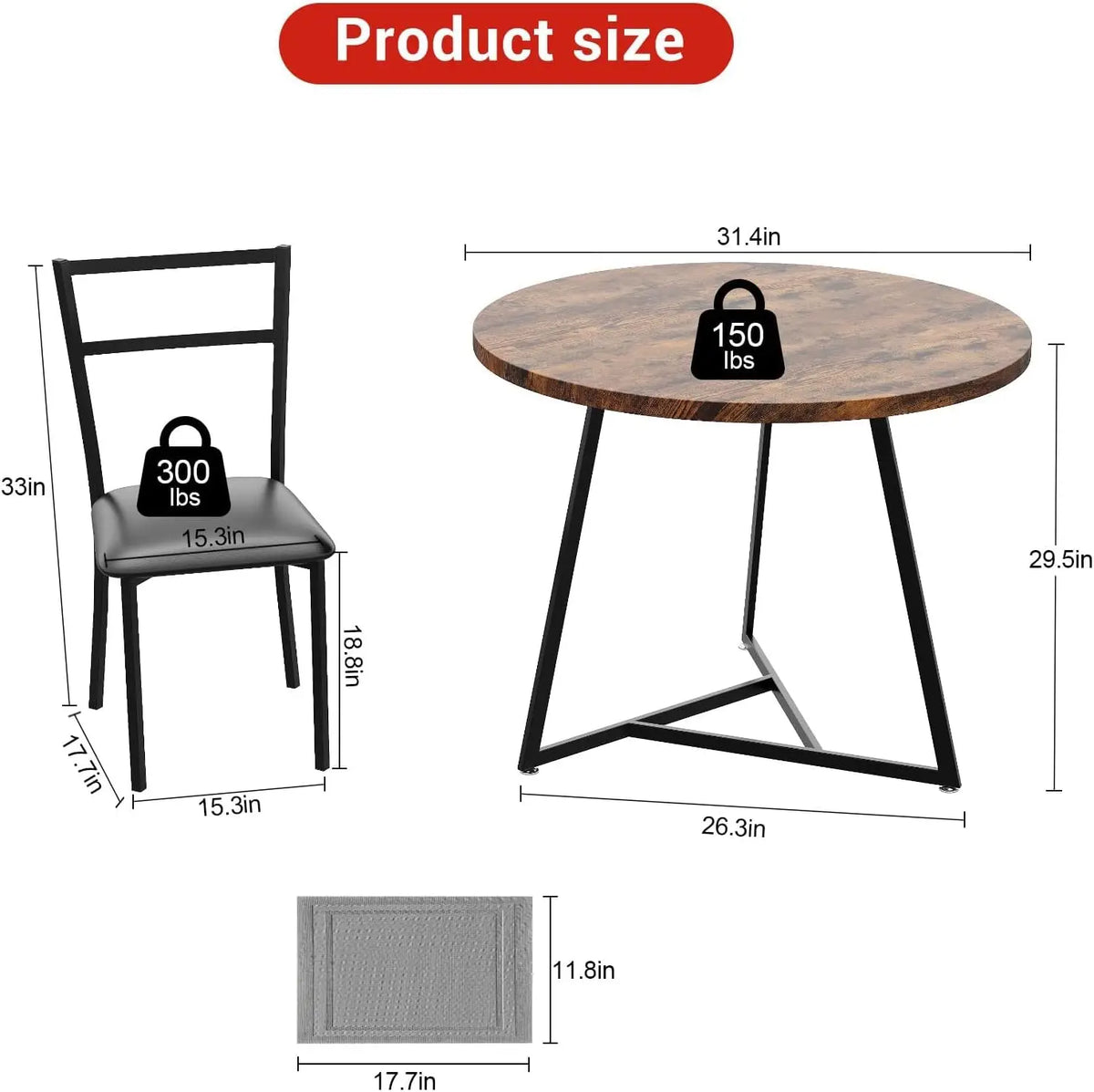 3 Piece Dining Table Set: round rustic brown table with two upholstered chairs for small spaces.
