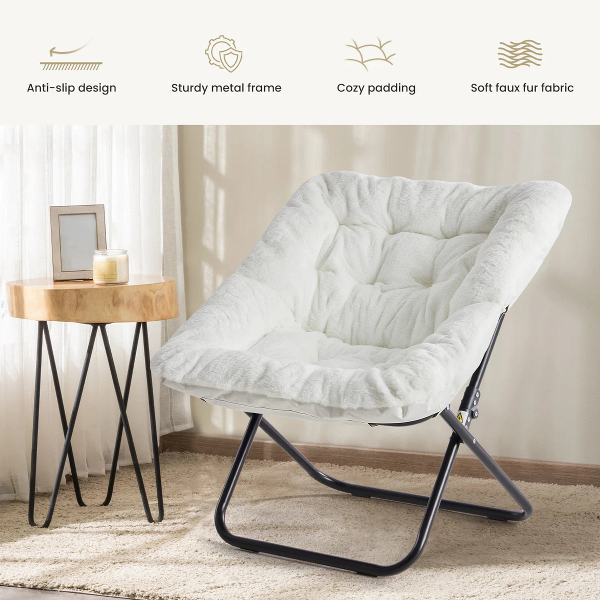 JHK Cozy Saucer Chair Soft Faux Fur Folding Lounge Chair Padded Metal Frame by S And B Enterprise