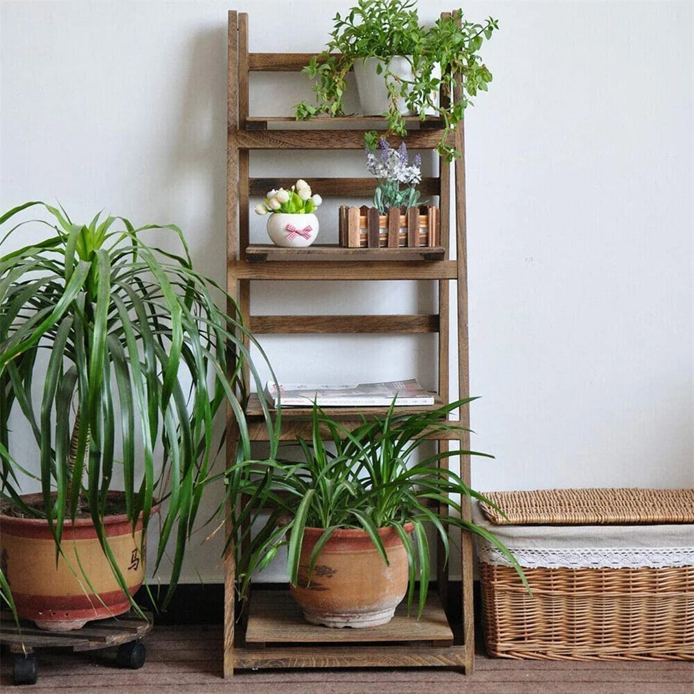Folding 4-tier wooden ladder shelf in natural wood finish, indoor plant display rack with potted plants