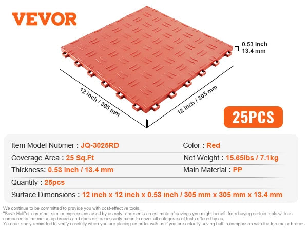 Interlocking garage floor tiles, red, non-slip double-sided, 25 pcs, 12x12 in, 0.53 in thick, PP, VEVOR