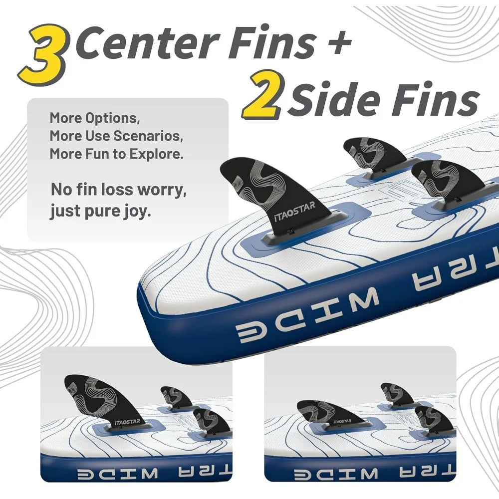 Inflatable stand up paddle board, extra wide 12x35x39 in with 5 fins (3 center, 2 side) in blue/white, ITAOSTAR fins