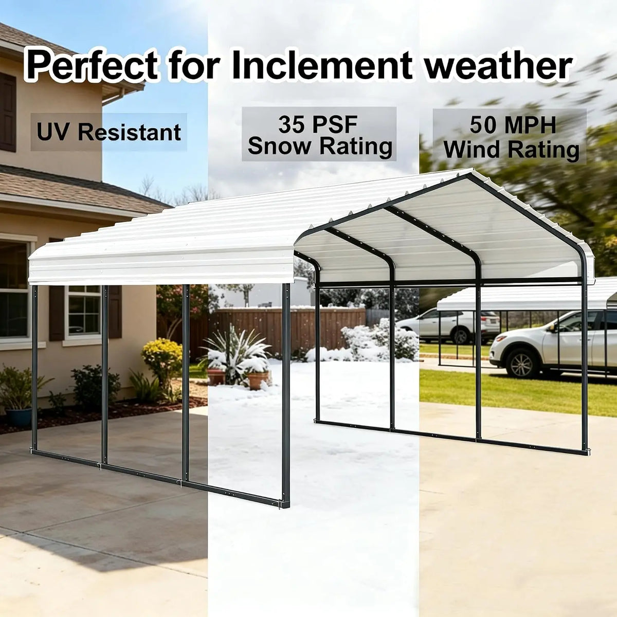 10x15 ft heavy-duty white metal carport; two with black frames.