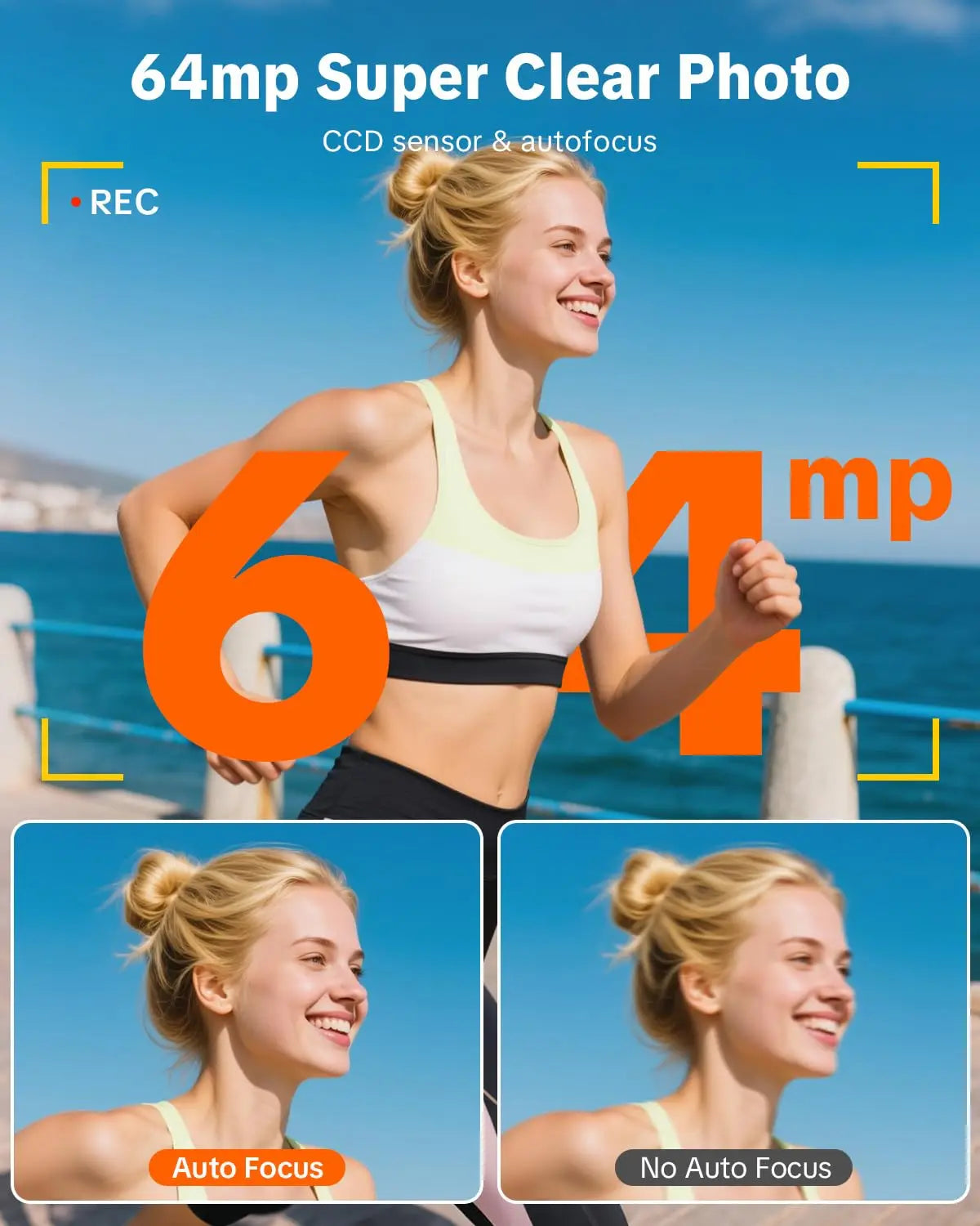 4K digital camera by S And B Enterprise promotional banner with a smiling woman jogging by the sea and bold 64mp text