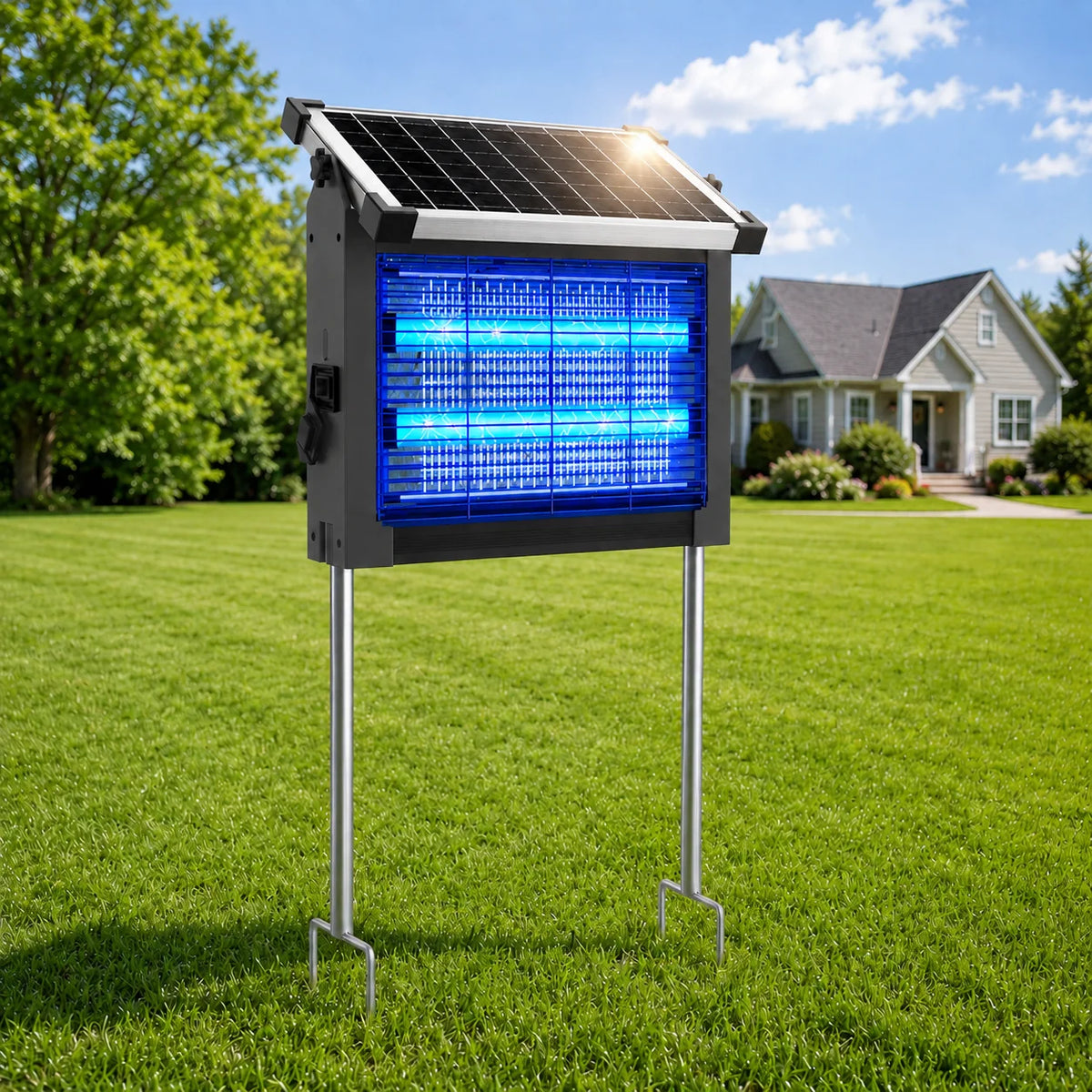 Solar bug zapper outdoor by S And B Enterprise, 4500V with panel sensor, waterproof, blue UV light on stand