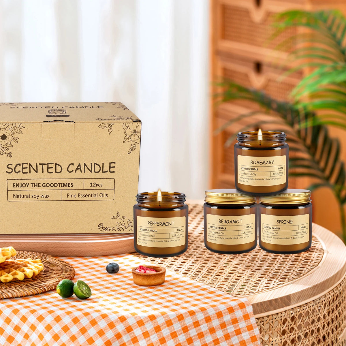12-pack scented candle set in amber jars with rosemary, peppermint, bergamot, and spring fragrances in a kraft box